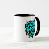ターコイズブルーのグラフィティ風「Grind Mode On」 マグカップ (正面右)
