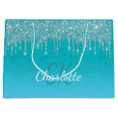 ターコイズブルーのグリッターが滴るモノグラムのスパークルスクリプト ラージペーパーバッグ (正面)