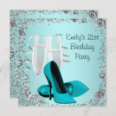 ターコイズブルーのコックテイル ハイヒール 21歳の誕生日パーティー 招待状 (正面/裏面)