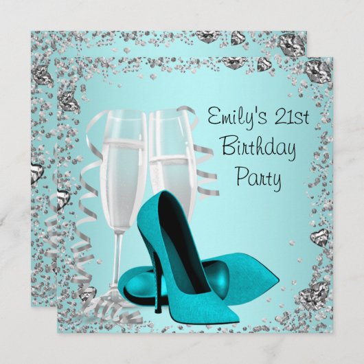 ターコイズブルーのコックテイル ハイヒール 21歳の誕生日パーティー 招待状 (正面/裏面)