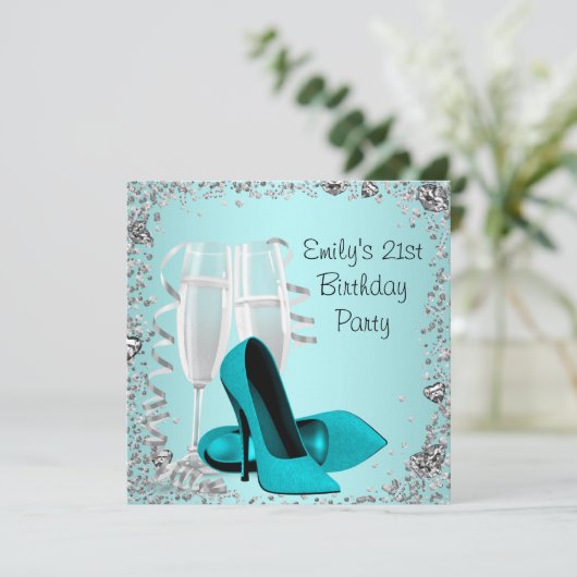ターコイズブルーのコックテイル ハイヒール 21歳の誕生日パーティー 招待状 (スタンド正面)