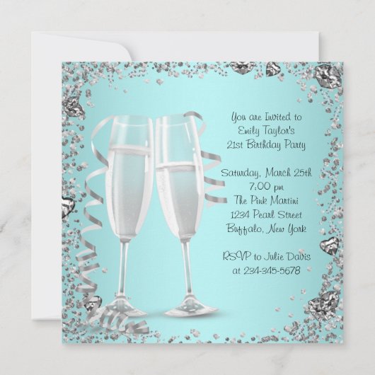 ターコイズブルーのコックテイル ハイヒール 21歳の誕生日パーティー 招待状 (裏面)