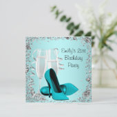 ターコイズブルーのコーラス ハイヒール パーティー 21歳の誕生日 招待状 (スタンド正面)