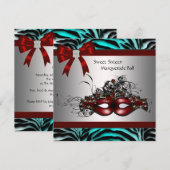 ターコイズブルーのシマウマのスイート16マスカレードパーティー 招待状 (正面/裏面)