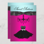 ターコイズブルーのシャンデリア スイート16の誕生日パーティー 招待状 (正面/裏面)