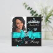 ターコイズブルーのスイート16の誕生日ダイヤモンドティアラ写真 招待状 (スタンド正面)
