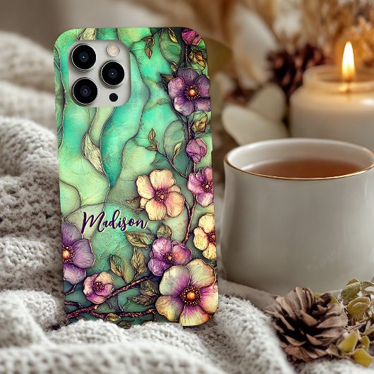 ターコイズブルーのステンドグラスの花 Case-Mate iPhoneケース