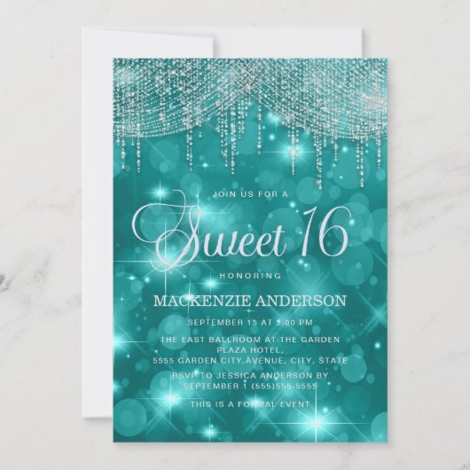 ターコイズブルーのストリングライトのボケSweet 16 招待状 (正面)