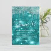 ターコイズブルーのストリングライトのボケSweet 16 招待状 (スタンド正面)