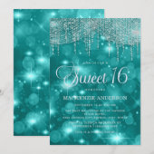 ターコイズブルーのストリングライトのボケSweet 16 招待状 (正面/裏面)