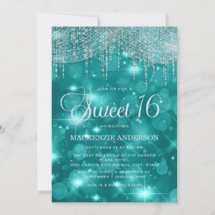 ターコイズブルーのストリングライトのボケSweet 16 招待状