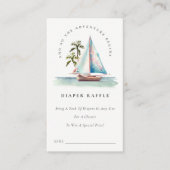 ターコイズブルーのセーリングボートとヤシの木のオムツくじ ベビーシャワー エンクロージャーカード (正面)