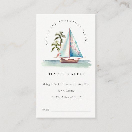 ターコイズブルーのセーリングボートとヤシの木のオムツくじ ベビーシャワー エンクロージャーカード (正面)