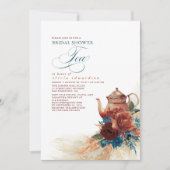 ターコイズブルーのテラコッタ フラワー ブライダル シャワー ティー 招待状 (正面)