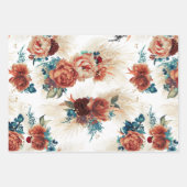 ターコイズブルーのテラコッタ フローラル パンパス グラス ボタニカル ラッピングペーパーシート (正面)