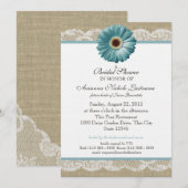 ターコイズブルーのデイジーとホワイトレースのブライダルシャワー 招待状 (正面/裏面)