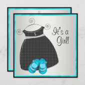 ターコイズブルーのドレスと靴のベビーシャワー　ターコイズブルー　ブラック　ベビーガールシャワー 招待状 (正面/裏面)