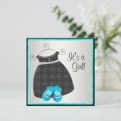 ターコイズブルーのドレスと靴のベビーシャワー　ターコイズブルー　ブラック　ベビーガールシャワー 招待状 (スタンド正面)