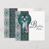 ターコイズブルーのネイティブアメリカンの誕生日パーティー 招待状 (正面/裏面)