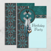 ターコイズブルーのネイティブアメリカン誕生日パーティー 招待状 (正面/裏面)