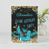 ターコイズブルーのハイヒールにゴールドのスパンコールが輝く誕生日パーティー 招待状 (スタンド正面)