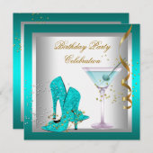 ターコイズブルーのハイヒールパーティーシューズ ゴールドの誕生日パーティー 招待状 (正面/裏面)