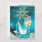 ターコイズブルーのハイヒール靴 シルバー ゴールド チャペー 招待状 (裏面)