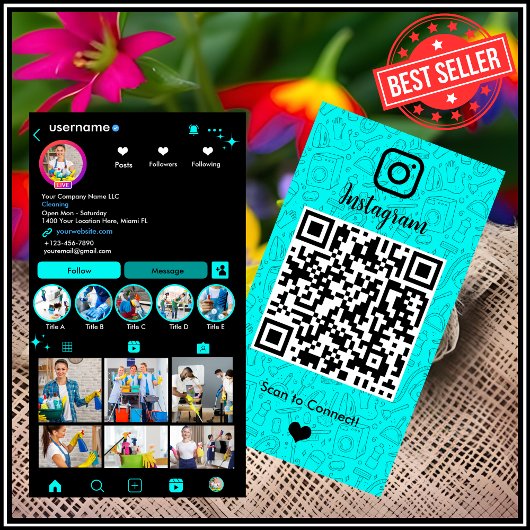 ターコイズブルーのハウスキーピングサービス向けInstagram QRコード 名刺