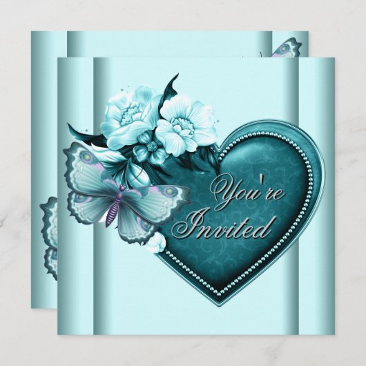ターコイズブルーのハートと蝶のパーティー 招待状 (正面/裏面)