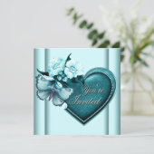 ターコイズブルーのハートと蝶のパーティー 招待状 (スタンド正面)