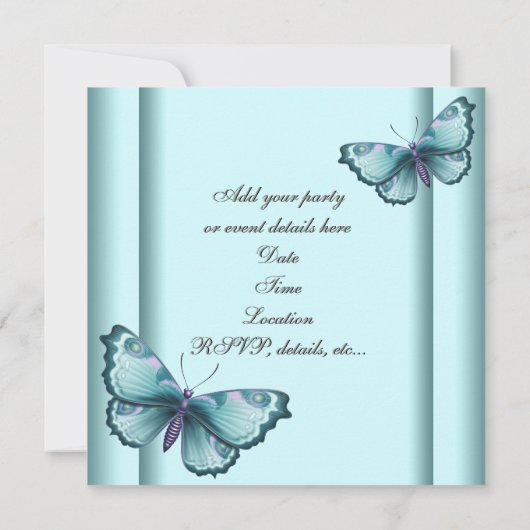 ターコイズブルーのハートと蝶のパーティー 招待状 (裏面)