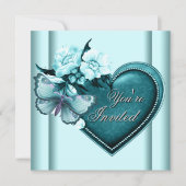 ターコイズブルーのハートと蝶のパーティー 招待状 (正面)