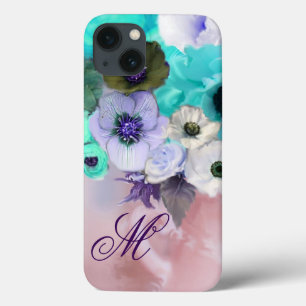 ターコイズブルーのバラ,白いアネモネの花のイニシャル iPhone 13ケース
