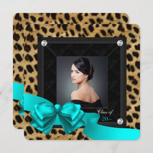 ターコイズブルーのヒョウ柄の卒業式招待状 案内状 (正面/裏面)
