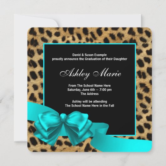 ターコイズブルーのヒョウ柄の卒業式招待状 案内状 (裏面)