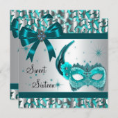 ターコイズブルーのヒョウ柄スイート16マスカレードパーティー 招待状 (正面/裏面)