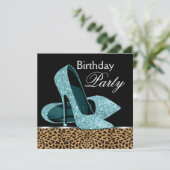 ターコイズブルーのヒョウ柄ハイヒールパーティー誕生日 招待状 (スタンド正面)