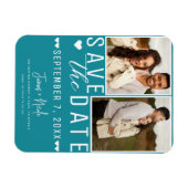 ターコイズブルーのフォトウェディングSave the Date 2枚 マグネット (横)
