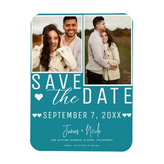 ターコイズブルーのフォトウェディングSave the Date 2枚 マグネット (縦)