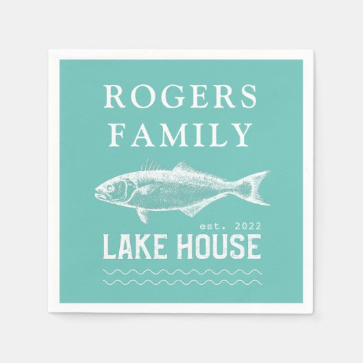 ターコイズブルーのペーパーに書かれたLake Houseの家族の名前 スタンダードカクテルナプキン (正面)