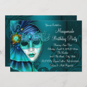 ターコイズブルーのマスク・マスカレードパーティー 招待状 (正面/裏面)