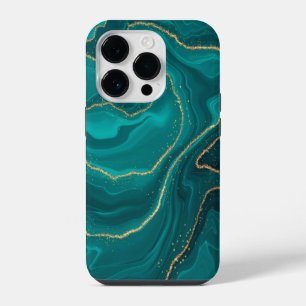 ターコイズブルーのマーブル模様のゴールド背景 iPhone 14 PROケース
