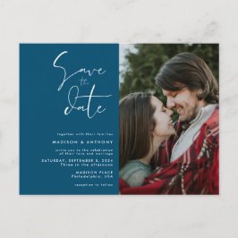ターコイズブルーのミニマルな結婚式の写真でSave the Date インビテーションポストカード