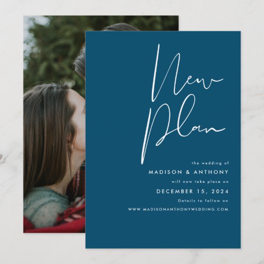 ターコイズブルーのミニマルフォト 新しい計画 ウェディング 案内状 (正面/裏面)