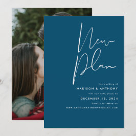 ターコイズブルーのミニマルフォト 新しい計画 ウェディング 案内状