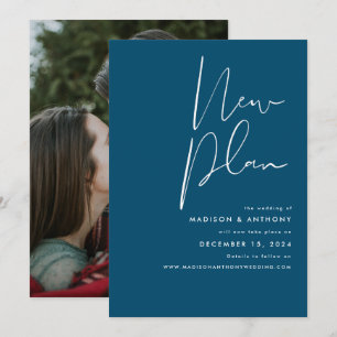 ターコイズブルーのミニマルフォト 新計画 ウェディング 案内状