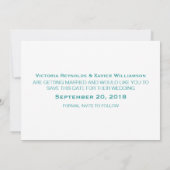 ターコイズブルーのモダンな円形写真を使ったSave the Date招待状 招待状 (裏面)