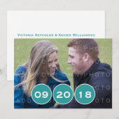 ターコイズブルーのモダンな円形写真を使ったSave the Date招待状 招待状 (正面/裏面)