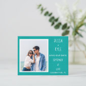 ターコイズブルーのモダンな写真付き結婚式の延期案内状 (スタンド正面)