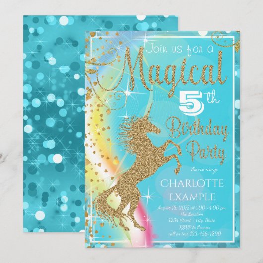 ターコイズブルーのユニコーン誕生日パーティー招待状 招待状 (正面/裏面)